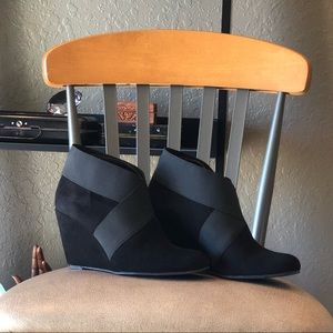 BCBG Black Suede Wedge Ankle Booties